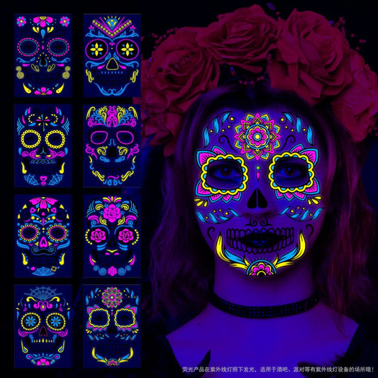 1/4/8pcs Waterproof Fluorescent Temporary Tattoo Neon Halloween Stickers Day of the Dead Party Festival Night Bar Face Stickers