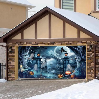 Halloween Garage Door Photography Background Spooky Graveyard Gate Witches Dark Banner Hanging Outdoor Halloween Photo Backdrop