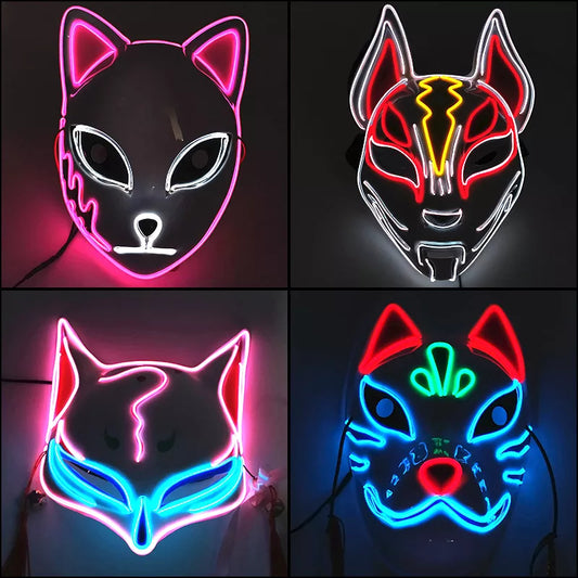 Glowing  Demon Slayer Mask Cosplay Japanese Cartoon Neon Light Samurai Mascara Luminous Led Fox Mask for Halloween Christmas