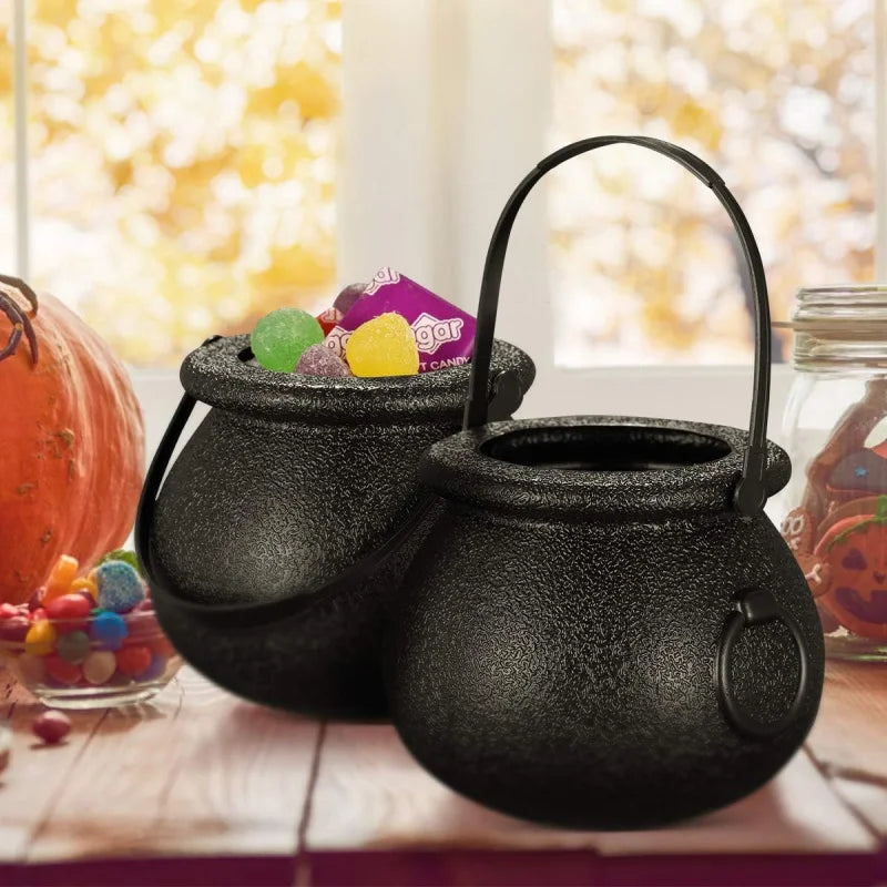 6pcs Mini Plastic Cauldron Bucket With Handle, Halloween Candy Bucket, Party Favor Witch Pot, Trick-Or-Treat Container