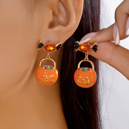 Halloween Cartoon Enamel Pumpkin Drop Earrings for Women Gothic Asymmetrical Skeleton Stud Earring Cosplay Party Jewelry Gift ﻿