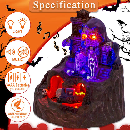 Animated Halloween Village House Decor With Moving Train Pre-Lit Music Skull Ghosts Tombstones Figurines Spooky Party Atmosphere