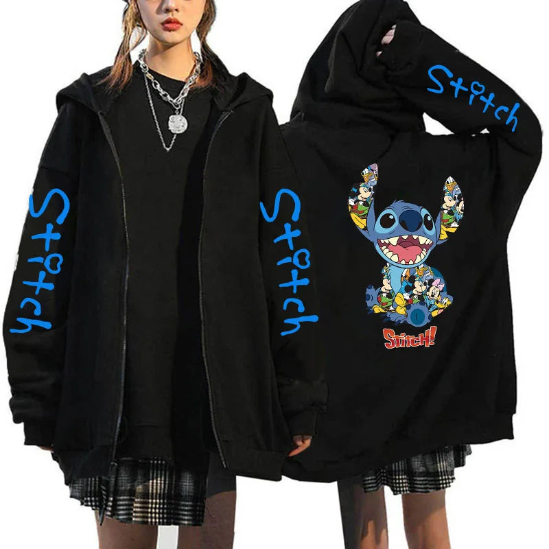 Oversized Y2k Zip-Up Hoodie Disney Women's Lilo & Stitch Costume Winter Clothes Woman Long Sleeve Warm Jacket Zip-Up Street Tops