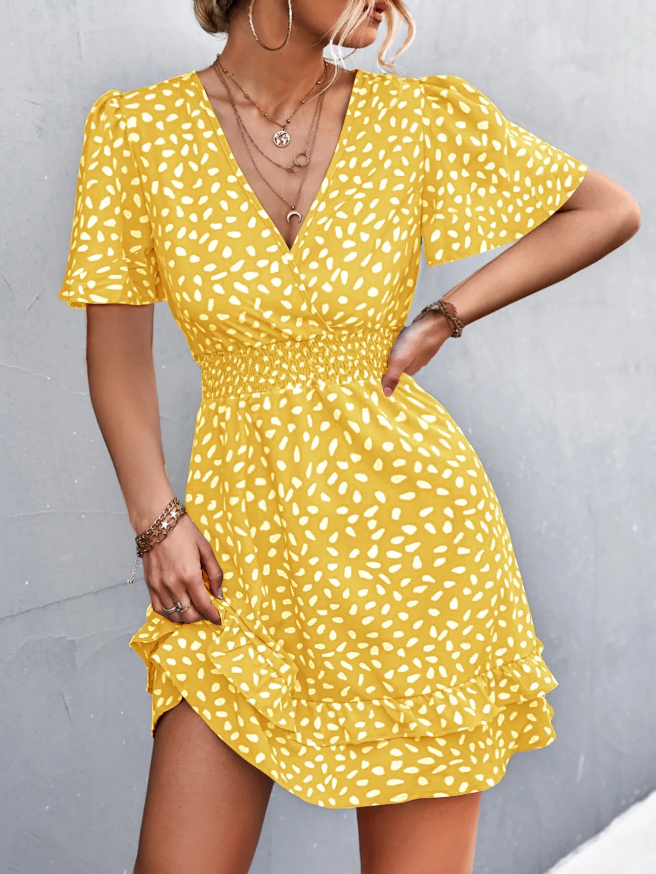 Elegant Women Dot Print Pattern Dress V-Neck Ruffles Sleeve Casual Sweet Fashion Boho Dress Women Summer Dresses Beach Holidays