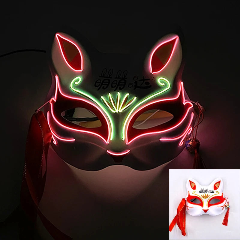 Holiday Light Up Neon Half Face Mask Flashing in Dark Fox Mask Halloween LED Luminous Fox Mask for Women Girl Cosplay Props