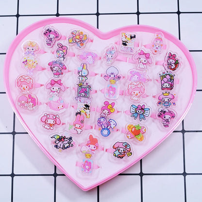 10/20Pcs Sanrio Hello Kitty Melody Ring Kids Adjustable Baby Rings Kuromi Cartoon Children Girl Rings Party Gifts With Box