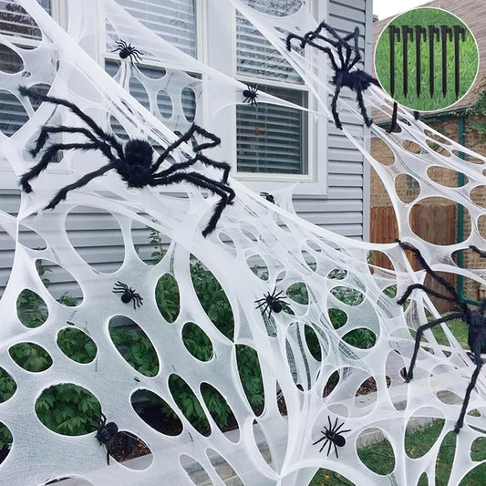 Giant Beef Netting Spiderwebs Halloween Decorations, Pre-Cut Spider Web Super Stretchy DIY Spider Webbing With Stakes, Gauze Cob