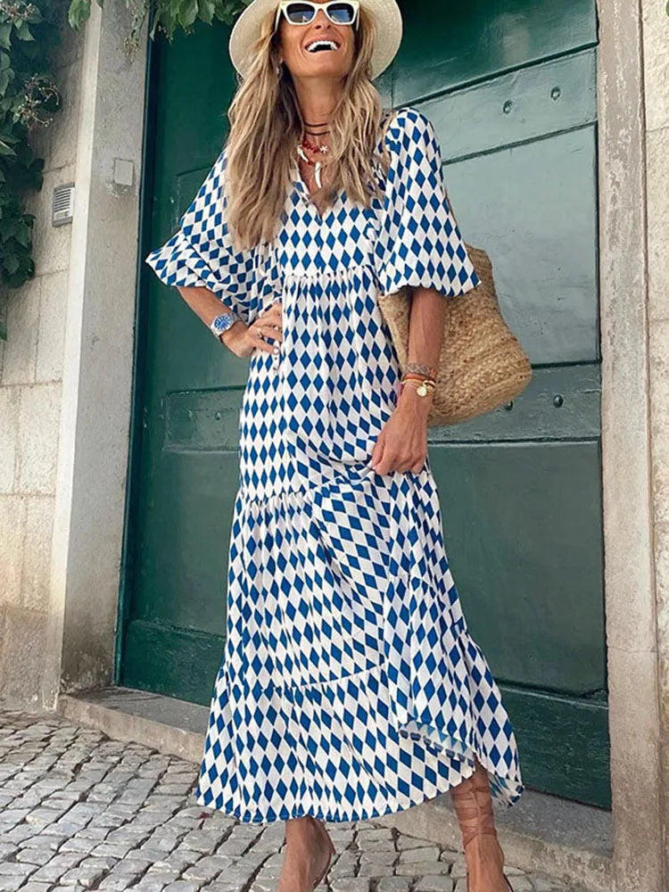 Fashion Women Print Dress Summer Loose Boho Dress Casual Elegant Short Sleeve Beach Party Dresses for Woman Robe Femme 2023 New