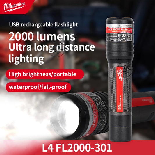 Milwaukee L4 FL2000-301 REDLITHIUM™ USB Rechargeable Slide Focus Flashlight 2,000 LUMENS With Fast Beam Control