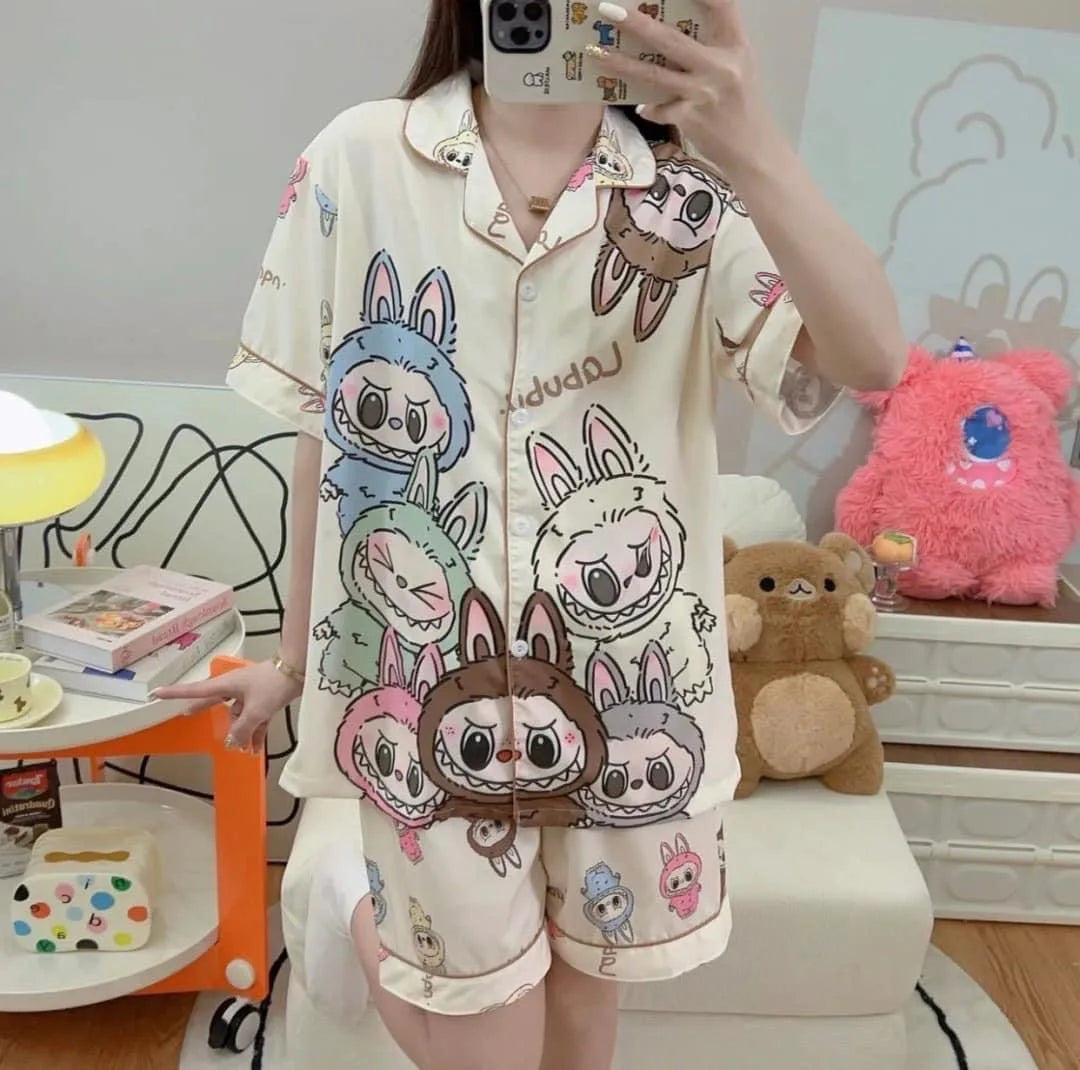 Cartoon Labubu New Pajamas Ladies Spring and Autumn Long Sleeve Suit High Sense Cartoon Fun Cardigan Home Clothes Women