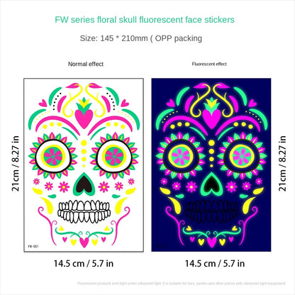 1/4/8pcs Waterproof Fluorescent Temporary Tattoo Neon Halloween Stickers Day of the Dead Party Festival Night Bar Face Stickers