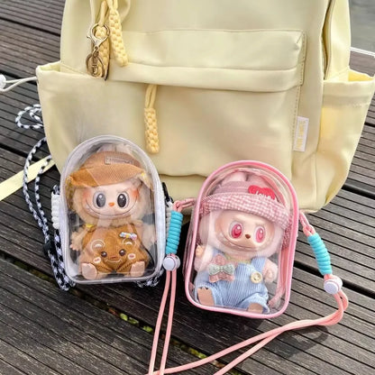 For 15cm Labubu V2 Sitting Party Cotton Doll Crossbody Pain Bag Pvc Storage Bag Hairball Dolls Display Bag (No Dolls)