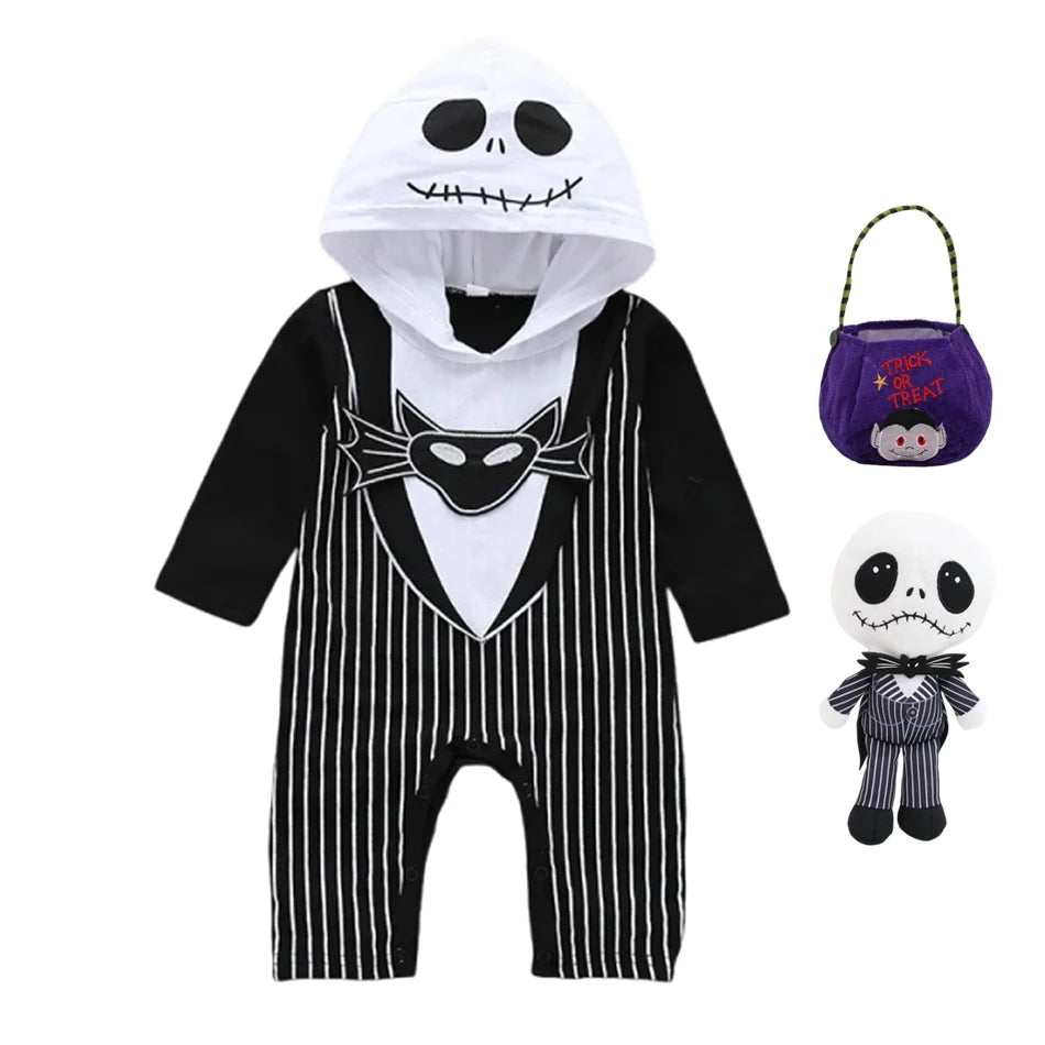 Baby Boy Halloween Cosplay Clothes Jack Nightmare Before Xmas Romper Christmas Cotton Striped  Hooded Jumpsuit for 0-24 Months