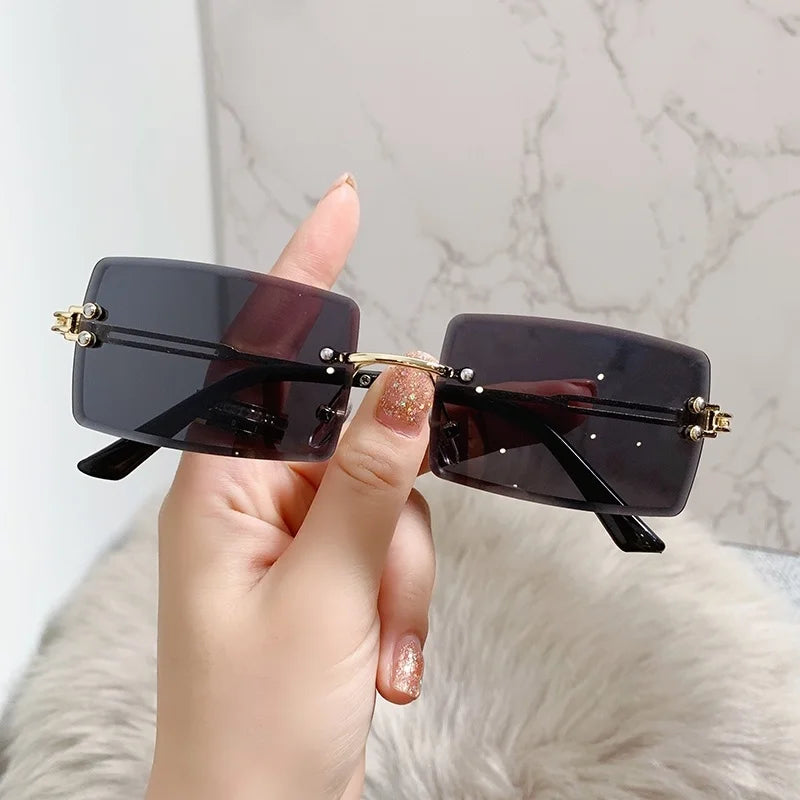 Rimless Rectangle Vintage Sunglasses Woman Brand Pink Gradient Sun Glasses Female Cutting Lens Square Ladies Oculos De Sol