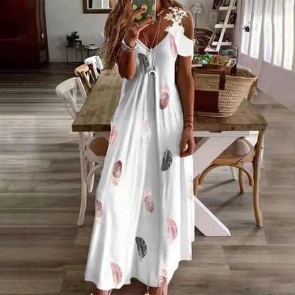 Maxi Dress for Women Feather Printed Lace Sling Ladies Loose-Fitting Hollow Out A-Line Long Dress Streetwear for Party