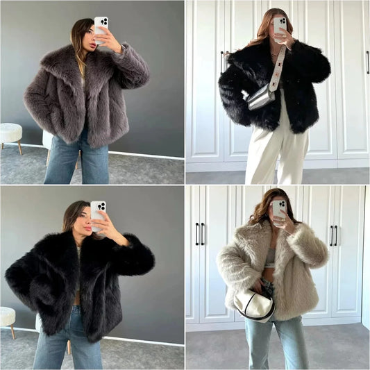 2025 Winter New Fashion Gradient Fluffy Fur Coat Women High Street Luxury Big Fur Collar Faux Fox Fur Jacket Female Overcoats