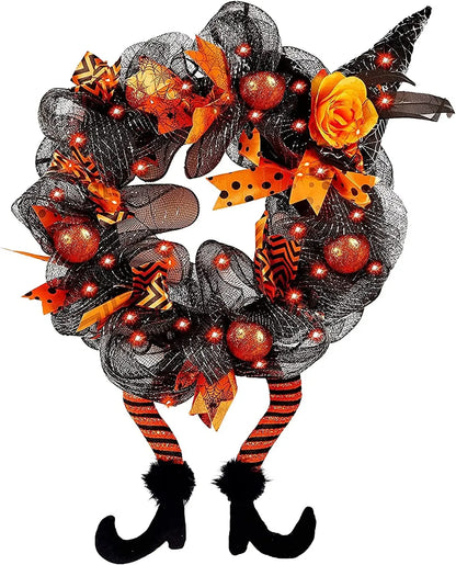 Halloween Wreath With Led Lights Door Hanging Decoration Pumpkin Witch Hat Leg Wreath Carnival Party Gifts Home Halloween Decor