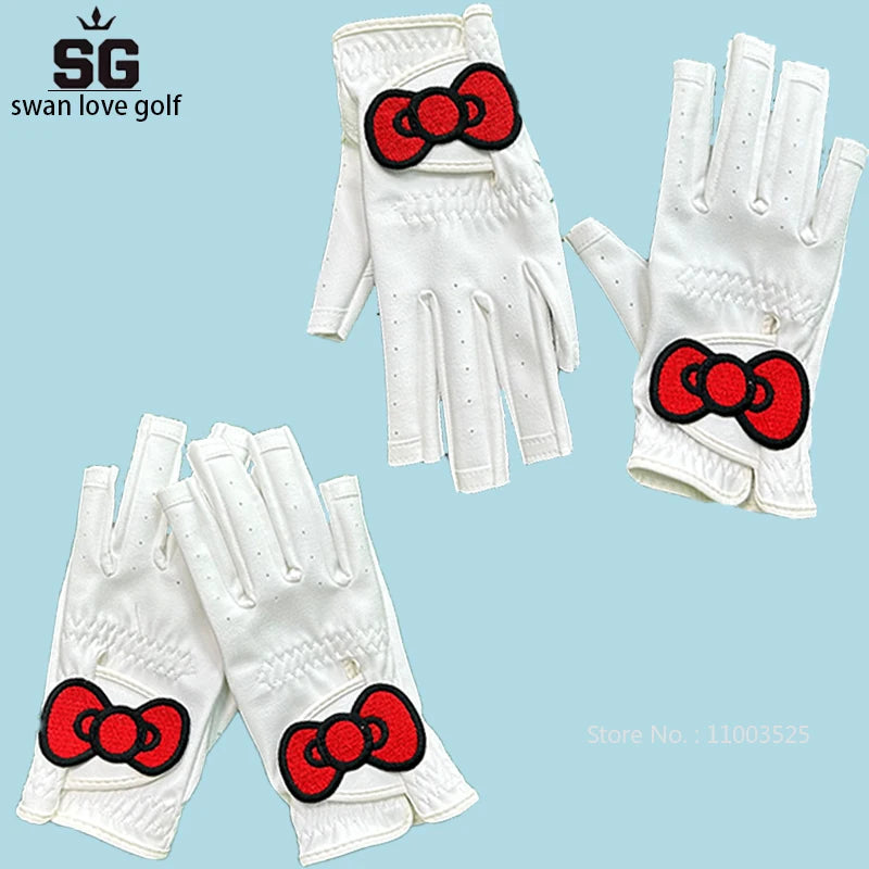 SG 1 Pair Women New Golf Gloves Breathable Soft Leather Hand Wear Open Finger Golf Gloves Bowknot Elegant Golfer Supplies