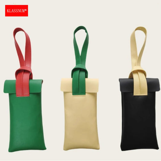 KLASSNUM Trendy Glasses Case With Wristband Color-Block Sunglasses Case PU Leather Portable Reading Glasses Storage Pouch Women