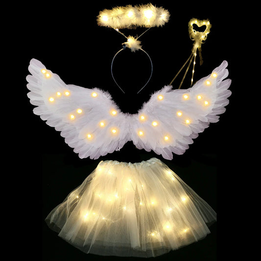Women Girls Angel Feather LED Wings Halo Light Up Angel Wings Fairy Wands Glow Tutu Skirt Carnival Halloween Cosplay Costume
