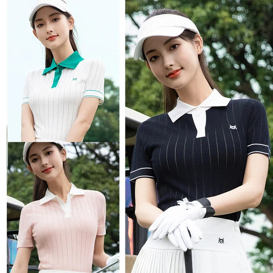2025 Pgm Golf Women's Short-Sleeved T-Shirt Summer Quick-Dry Elastic Knitted Top Ladies Elegant Polo Shirts Golf Tennis Wear