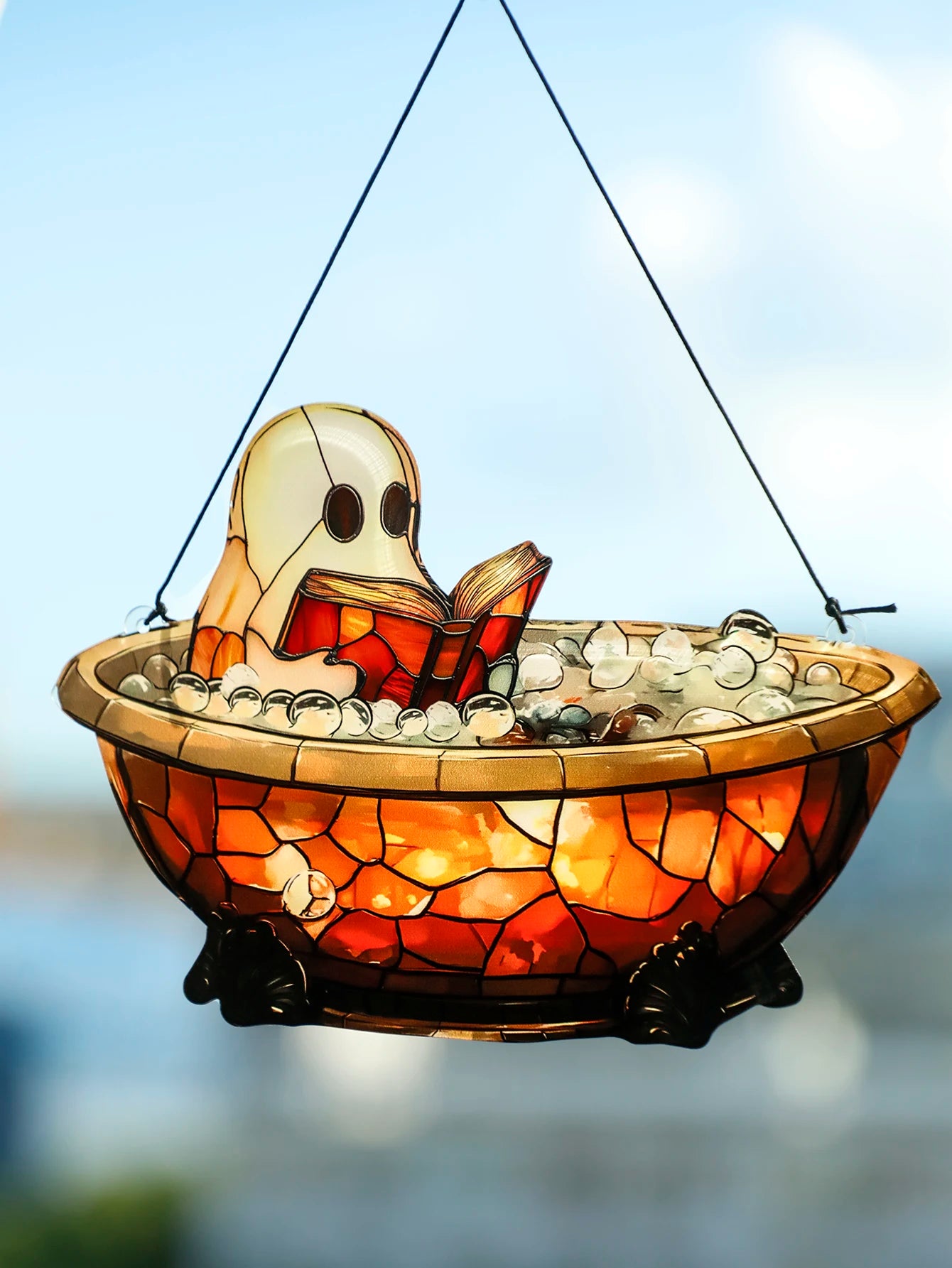 Acrylic Halloween Ghost in Bathtub Hanging Ornaments Cute Ghost Reading Book Decor Home Bedroom Living Room Window Decorations