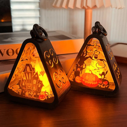 Halloween Pumpkin Lantern Plastic Witch Castle Ghost Triangle Lamp Table Ornaments Party Scene Props Halloween Home Decoration