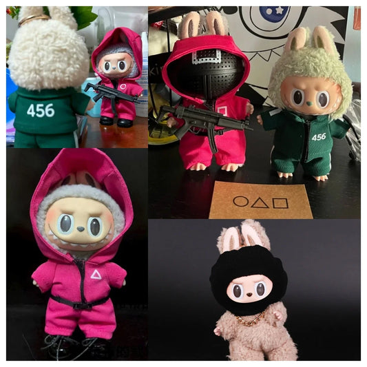 15 17cm for Labubu Doll Clothes Korean Kpop Jacket Squid Game Jumpsuit Clothing Cool Black Mask Heargear Dollhouse Accessories