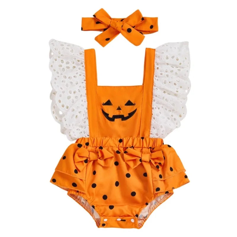 Halloween Costume Romper Baby Girl Clothes Flying Sleeves Cute Pumpkin Ghost Jumpsuit Infant Girls Holiday Party Fancy Dress