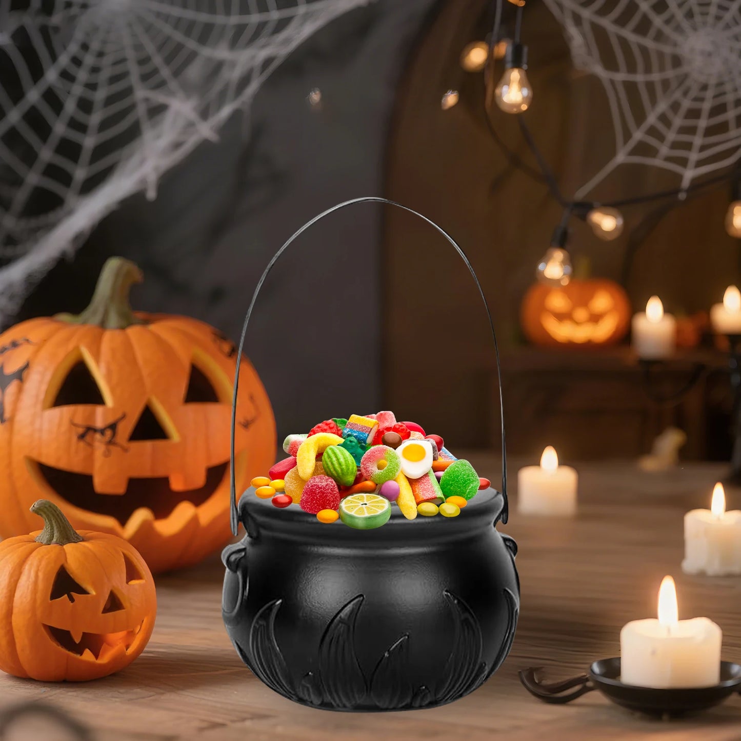 1set Halloween Decoration Party Witch Cauldron Indoor and Outdoor Props With Stand and Black Plastic Bowl Candy Party Gifts