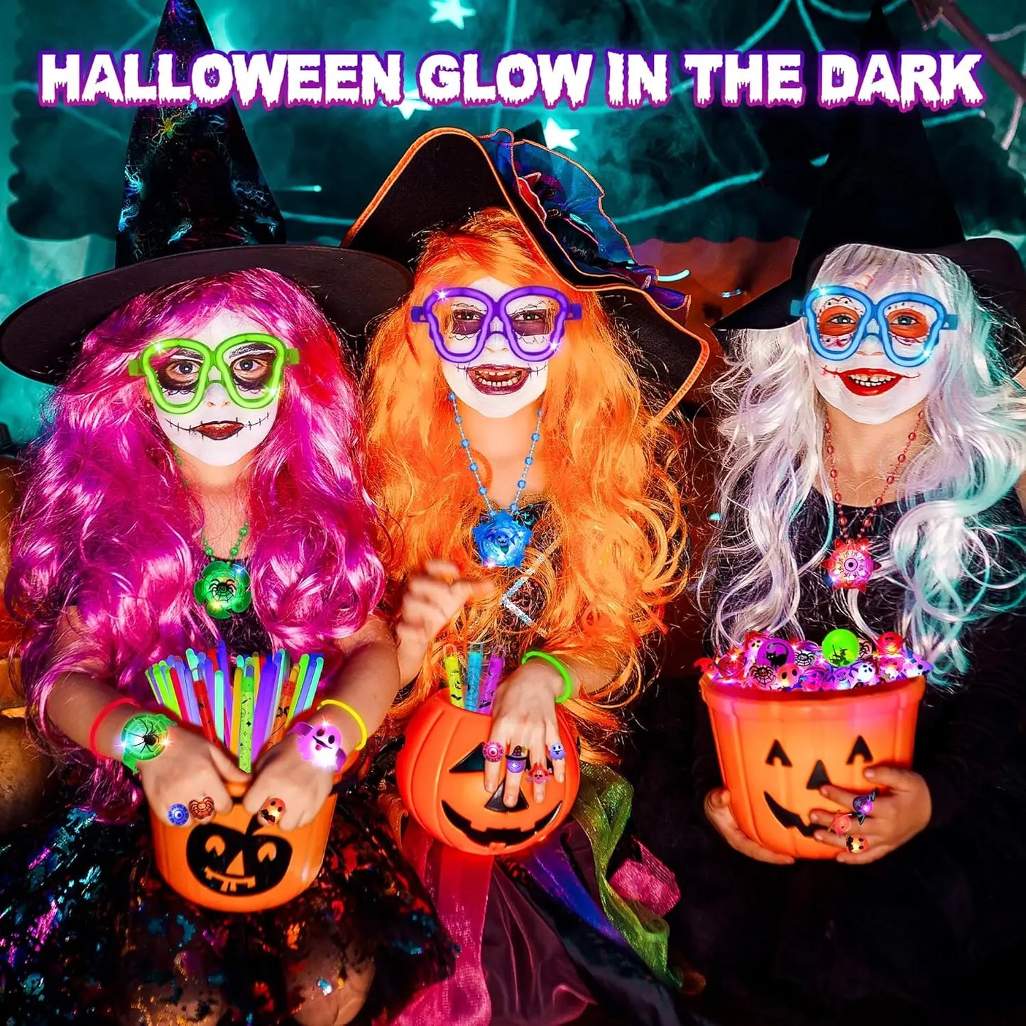 96Pcs Halloween Light Up Rings Glow Sticks Spin Necklace for Kids Trick or Treats Non-Candy Goodie Bag Fillers Party Supplies
