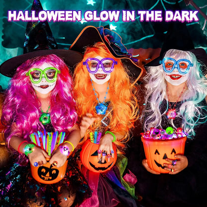 96Pcs Halloween Light Up Rings Glow Sticks Spin Necklace for Kids Trick or Treats Non-Candy Goodie Bag Fillers Party Supplies
