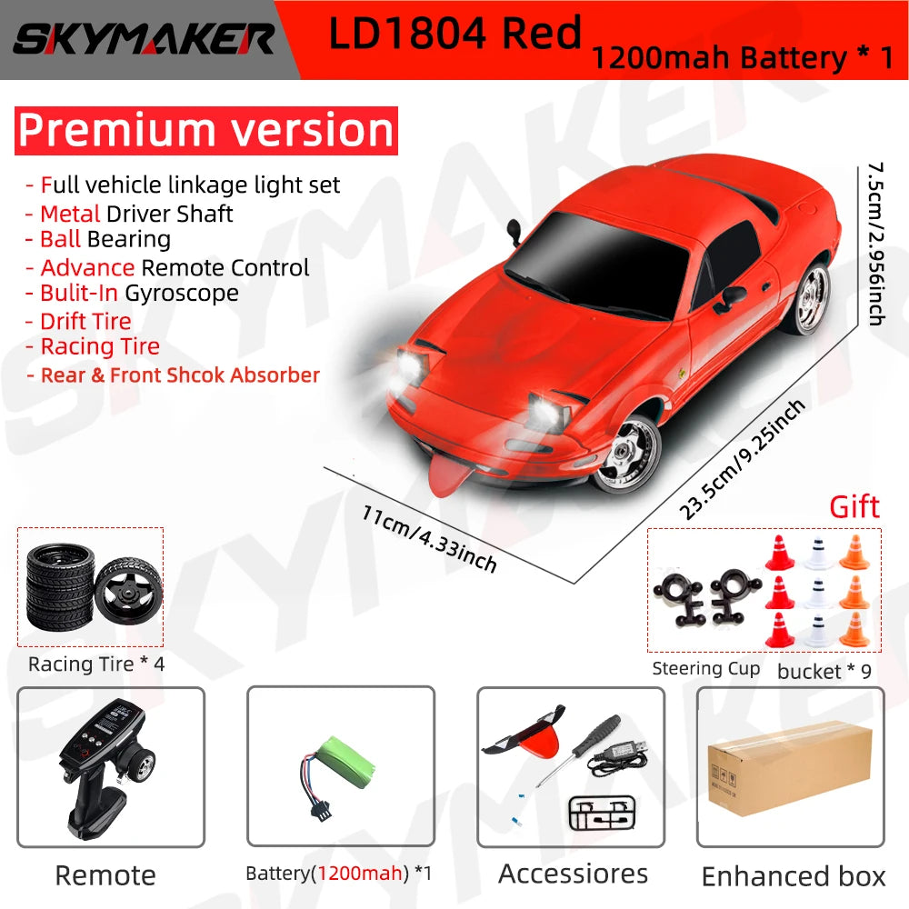Skymaker LDRC LD1804 1/18 RC Drift Car MX5 2.4GHz RWD With ESP Gyroscope On-Road LED Lights Full Scale RC Cars Children Toy Gift