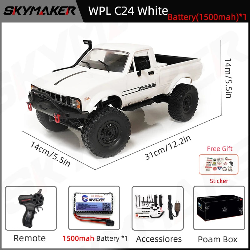 WPL C24-1 Full Scale RC Car 1:16 2.4G 4WD Rock Crawler Electric Buggy Climbing Truck LED Light On-Road 1/16 for Kids Gifts Toys