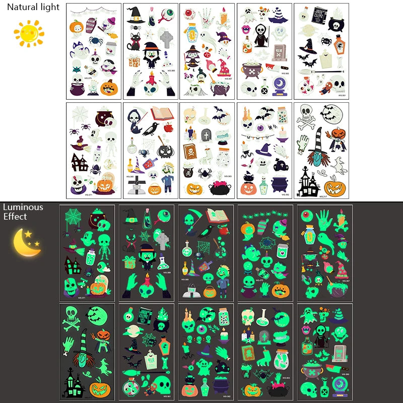 10Sheets Halloween Luminous Tattoo Stickers Ghost Pumpkin Kids Adults Halloween Party Decoration Glow in the Dark Supplies Gifts