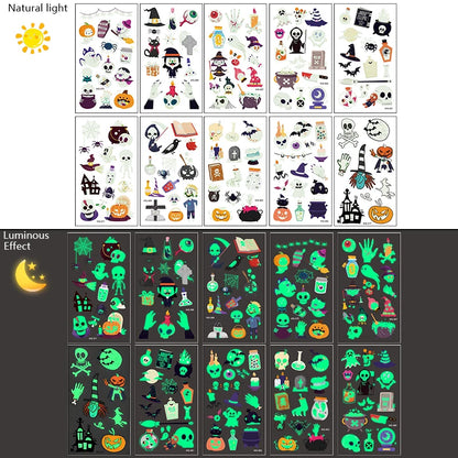 10Sheets Halloween Luminous Tattoo Stickers Ghost Pumpkin Kids Adults Halloween Party Decoration Glow in the Dark Supplies Gifts
