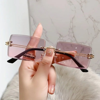 Rimless Rectangle Vintage Sunglasses Woman Brand Pink Gradient Sun Glasses Female Cutting Lens Square Ladies Oculos De Sol