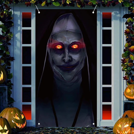 Halloween Party Banner Backdrop Horror Killer Creepy Scary Zombie Nun Terror Ghost Theme Decorations Decor for Front Door