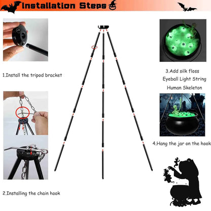 Witches Cauldron for Yard Decorations Halloween Witch Cauldron With Tripod With Eyeballs String Lights and Skeleton for Home