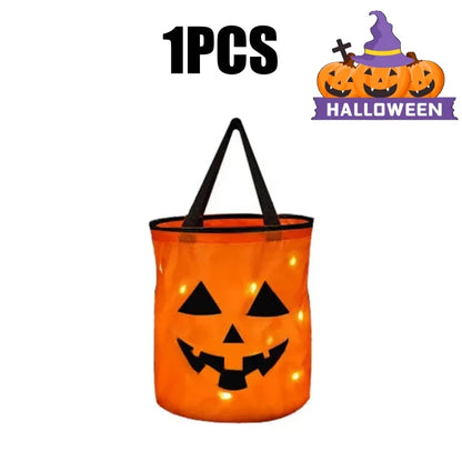LED Halloween Candy Bucket Glow in the Dark Trick or Treat Bag With Handle Reusable Party Favor Pail for Kids Adults