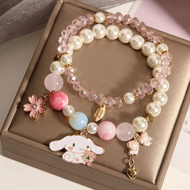 1Pc Anime Sanrio Bracelet Cinnamoroll Bow Crystal Beads Bracelet Kawaii Cinnamorol Kuromi Pendant Accessories Jewelry Gift