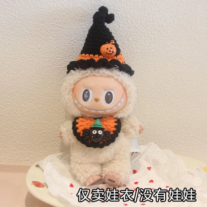 3.0 Labubu Clothes Halloween Knitted Pumpkin Bat Ghost Set for 15/17cm Doll Funny Necklace Accessories Christmas Halloween Gift
