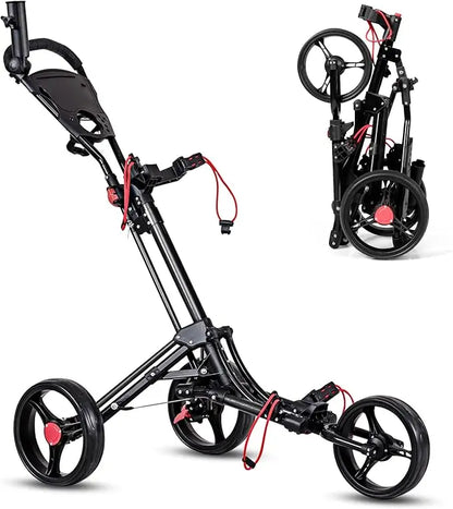 Tangkula Golf Push Pull Cart, Lightweight Aluminum Collapsible 3 Wheels Golf Push Cart, Golf Trolley With Elastic Strap