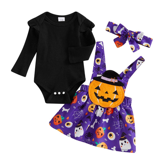 Pudcoco Infant Baby Girls Halloween Sets Solid Color Flying Sleeve Romper Ghost Pumpkin Print Skirt Headband