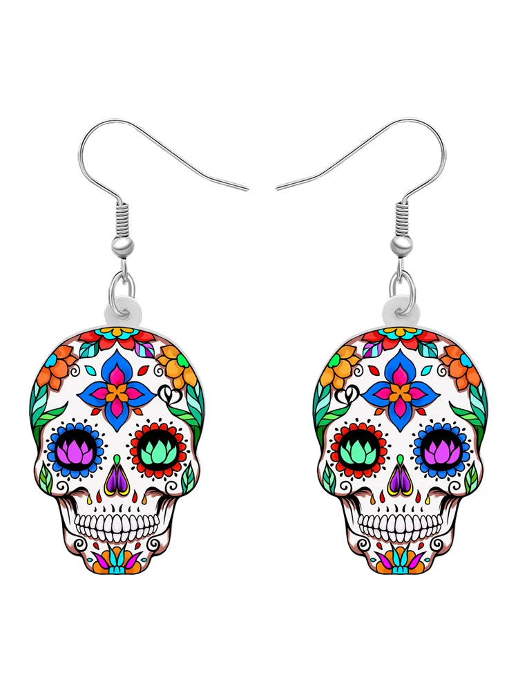 BONSNY Acrylic Halloween Decorations Floral Sugar Skull Skeleton Earrings Drop Dangle for Women Girls Teens Novelty Punk Gifts