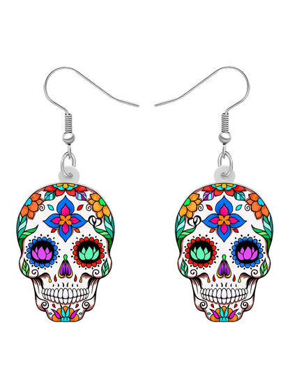 BONSNY Acrylic Halloween Decorations Floral Sugar Skull Skeleton Earrings Drop Dangle for Women Girls Teens Novelty Punk Gifts
