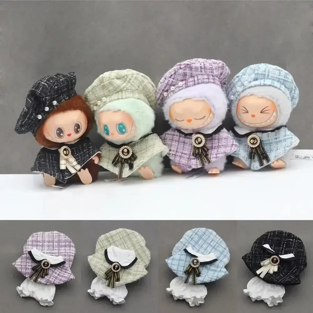 Mini Doll'S Clothes Outfit Accessories for Korea Kpop Exo 15-17cm Labubu Classic Grid Style Dress Cloak Set Beret Clothing Gift