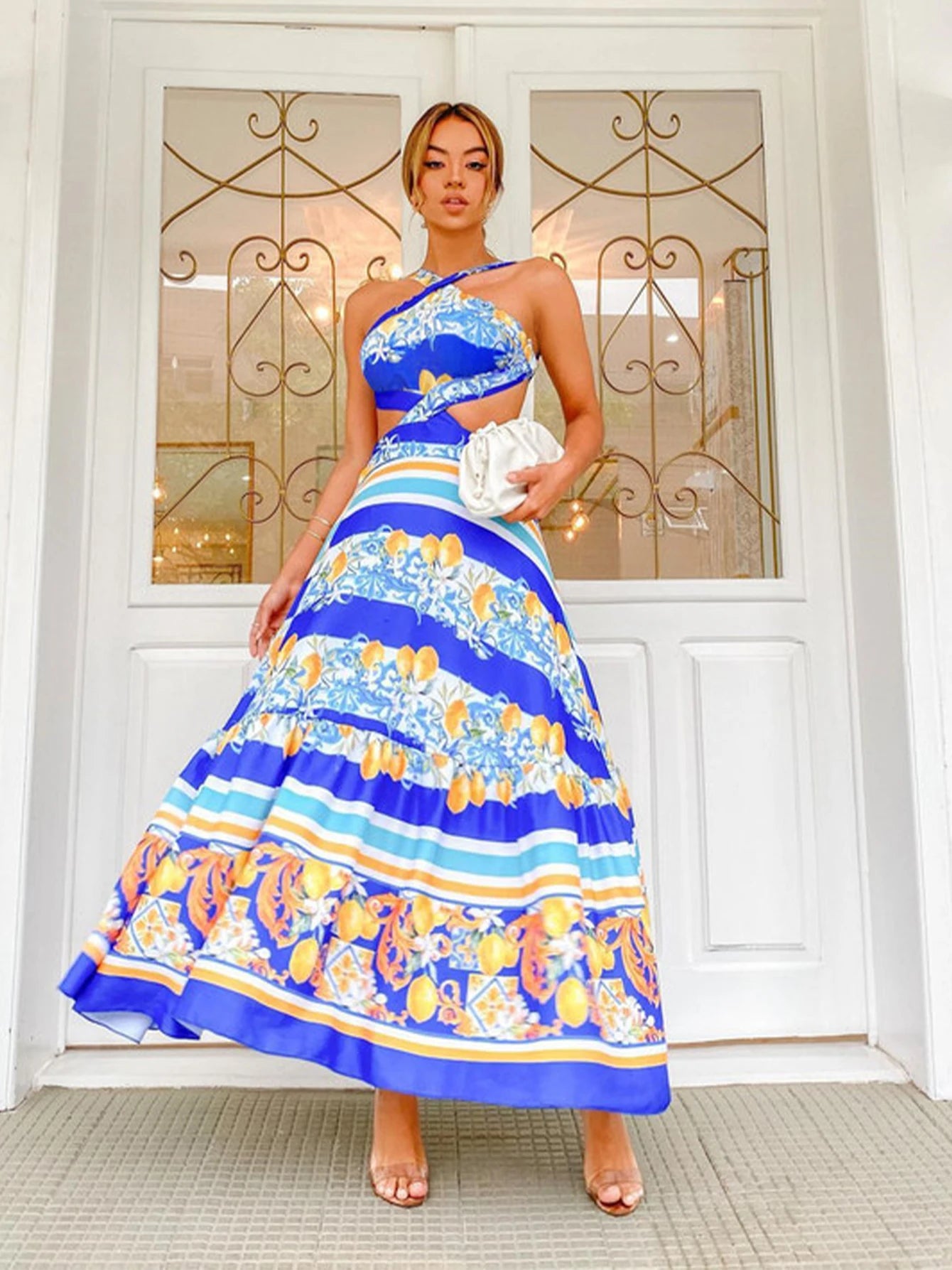 New Bohemian Sexy Printed Women Dresses Halter Sleeveless Backless Naked Waist Long Dress Fashion Summer Beach Holiday Robe