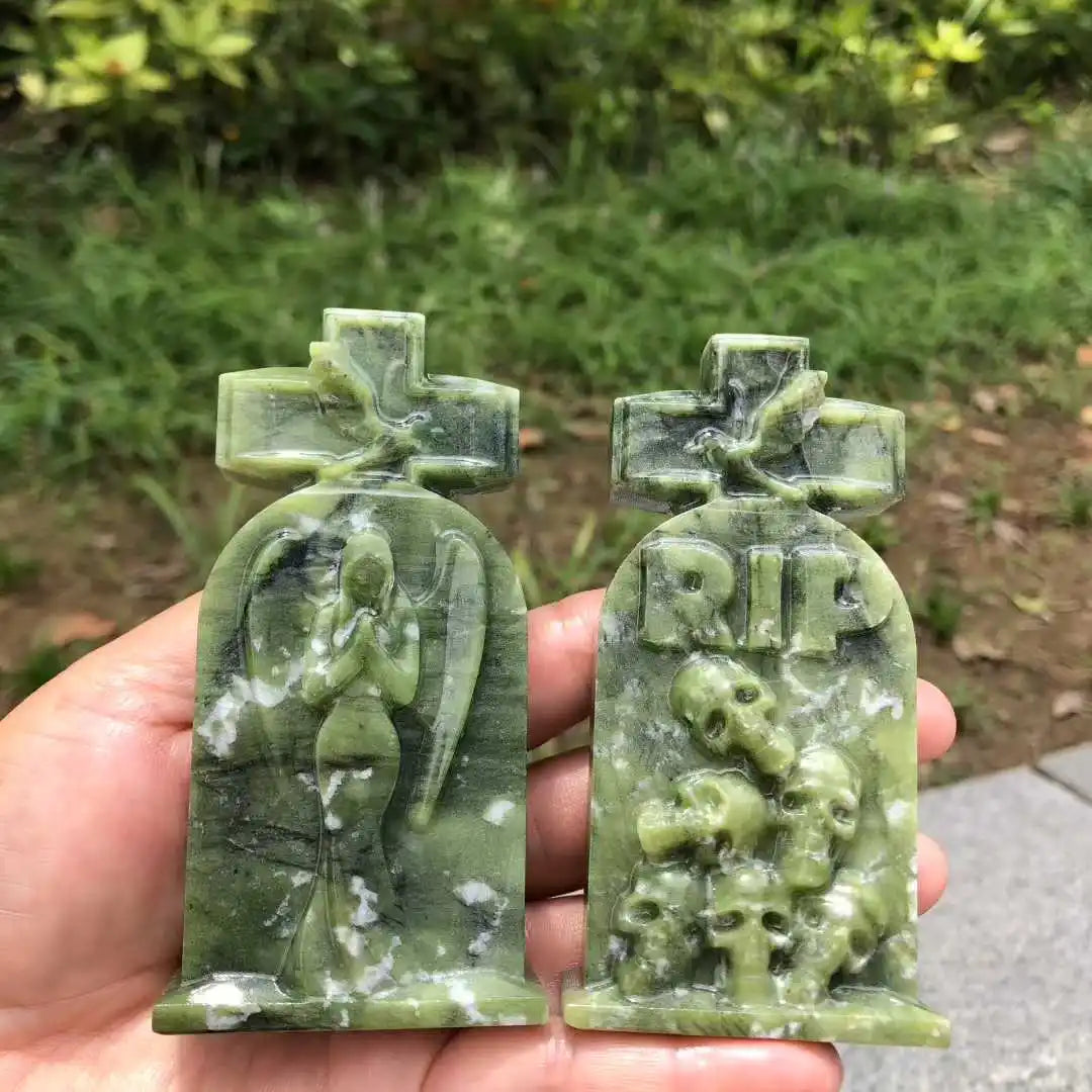 10CM Natural Green Ophiolite Quartz Crystal Carved Tombstone Angel Skull Gravestone Halloween Series Decoration Items Witchcraft