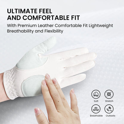 Womens Golf Glove With Ball Marker Rain Left Right Hand Leather Printed 6 Pack, Ladies Golf Gloves All Weather Grip